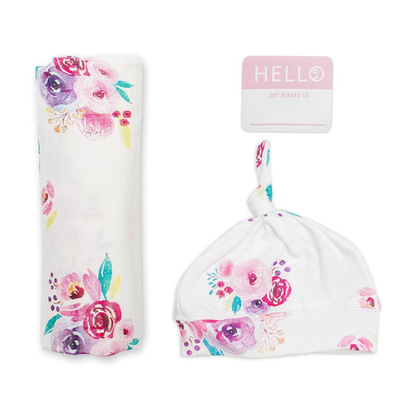 Hello World Set (Bamboo Hat + Swaddle Blanket) - Posies - The Crib