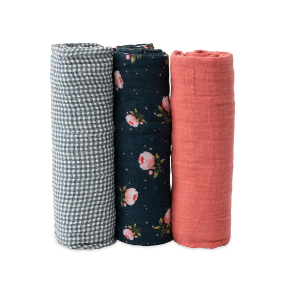Cotton Muslin Swaddle Set (3 Pack) - Midnight Rose - The Crib