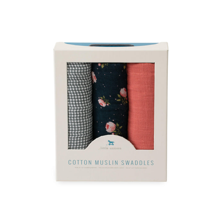 Cotton Muslin Swaddle Set (3 Pack) - Midnight Rose - The Crib