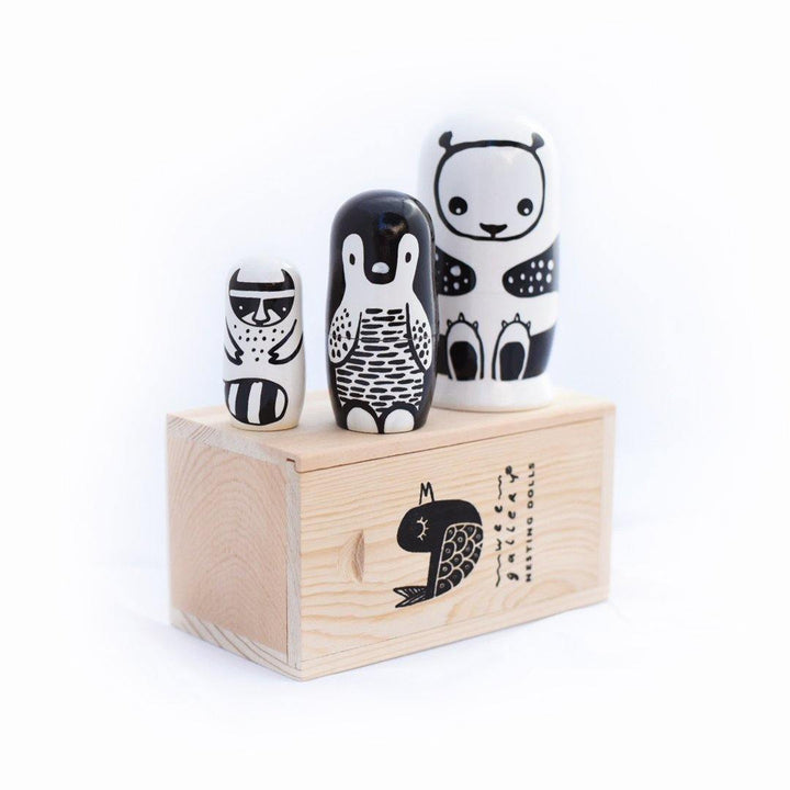 Wee Gallery Set of 3 Nesting Dolls - Black and White Animals